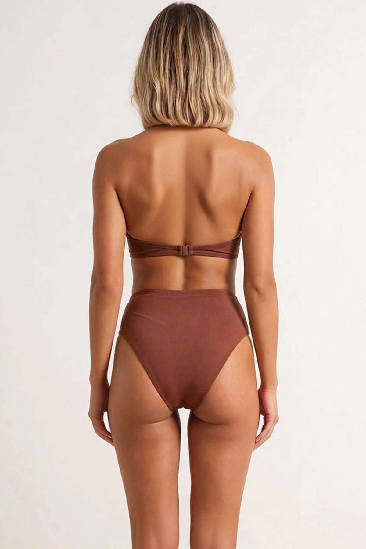 Kadın Bikini Takımı Halter Yaka Üçgen Kap Yüksek Bel Slip Ahşap Aksesuar Detaylı Örme Kumaş