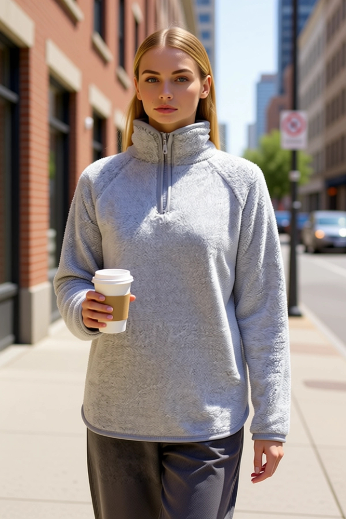 Alternative view of Kadın Dik Yaka Düşük Kol Fermuarlı Oversize Kalıp Örme Sweatshirt Fonksiyonel Dayanıklı Şık