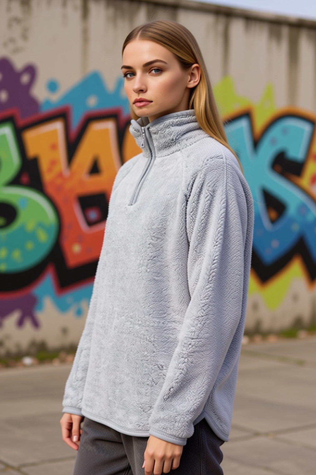 Kadın Dik Yaka Düşük Kol Fermuarlı Oversize Kalıp Örme Sweatshirt Fonksiyonel Dayanıklı Şık
