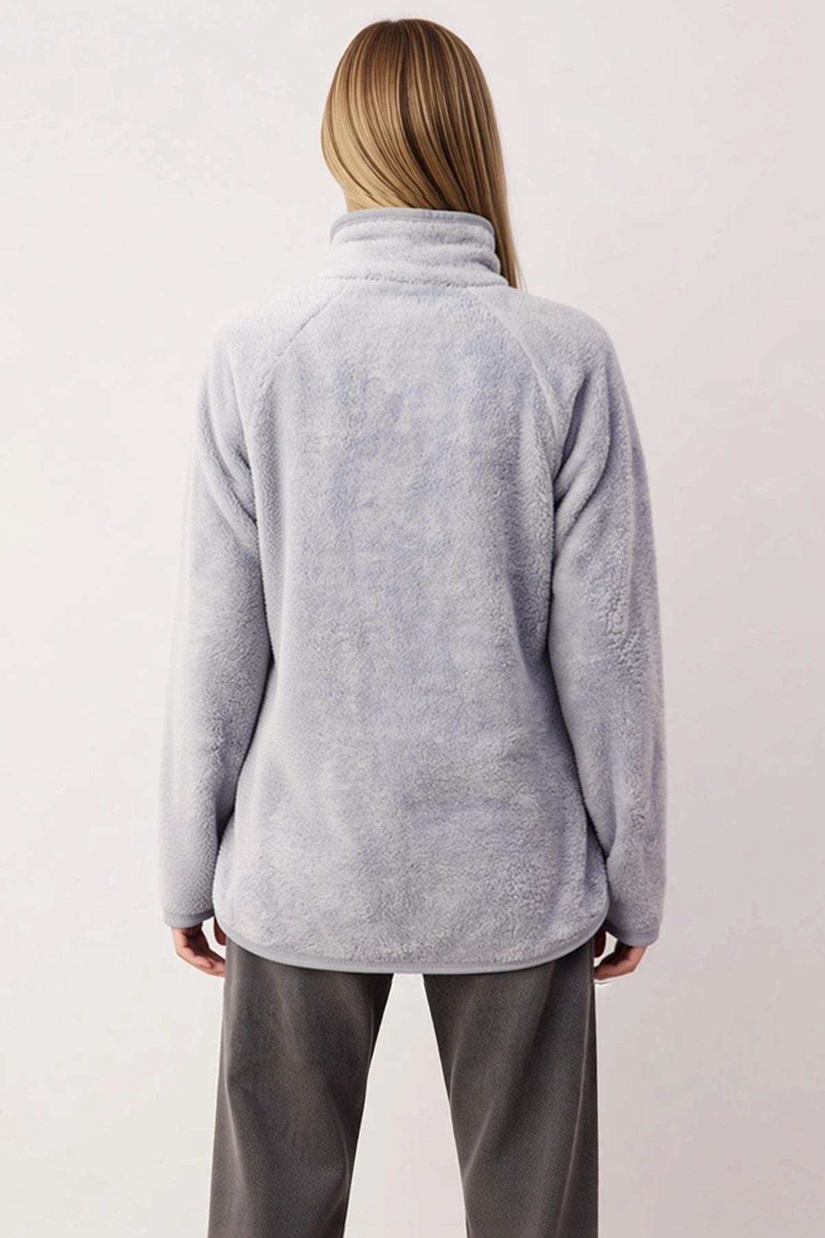 Kadın Dik Yaka Düşük Kol Fermuarlı Oversize Kalıp Örme Sweatshirt Fonksiyonel Dayanıklı Şık