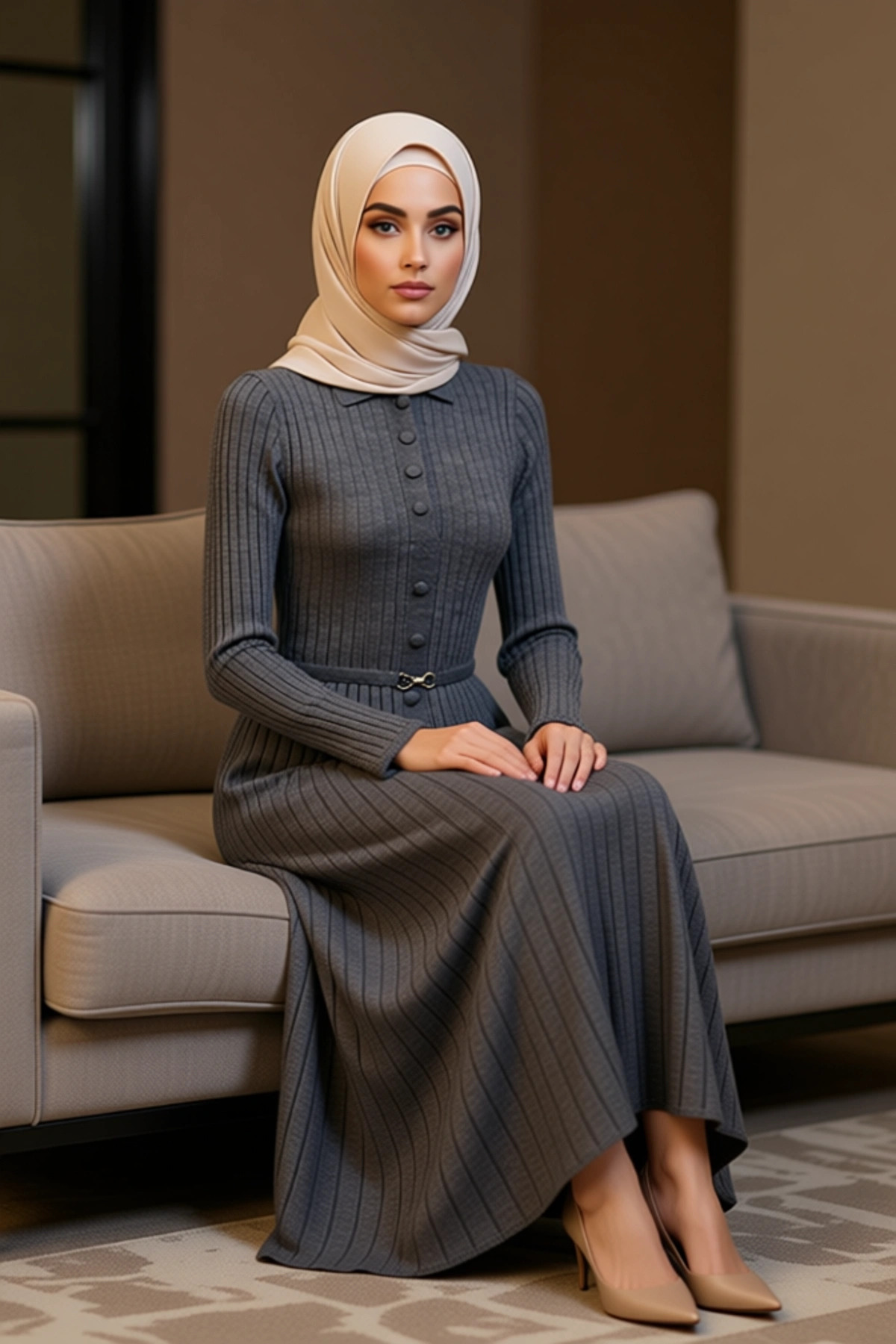 Kadın Gömlek Yaka Standart Kol Triko Elbise Maxi Boy A line Kalıp Düz Desen Fonksiyonel Şık
