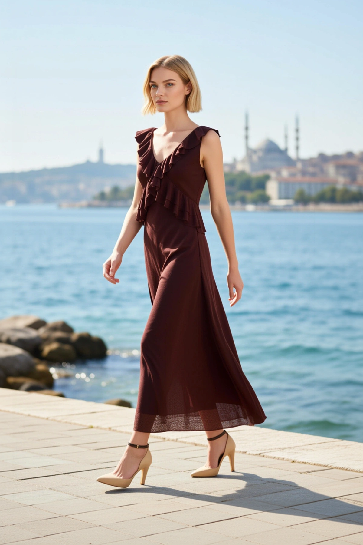 Kadın Midi Elbise A Kesim V Yaka Kolsuz Volanlı Fırfırlı Köpük Örme Kumaş Astarlı Çan Form
