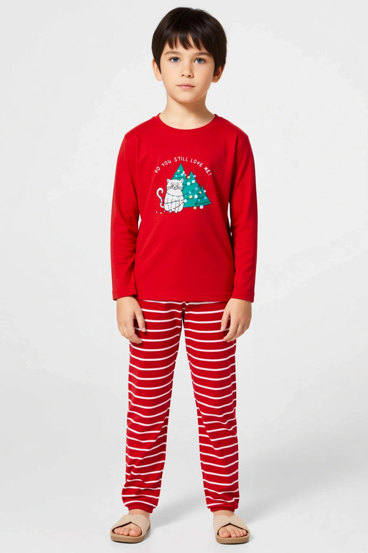 Unisex Çocuk Bisiklet Yaka Standart Kol Uzun Kollu Regular Kalıp Pijama Takımı Estetik %100 Pamuk