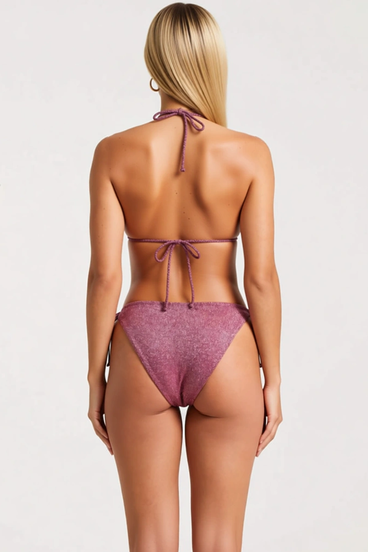 Kadın Bikini Takımı Üçgen Kaplı Ayarlanabilir Askılı Yan Bağlamalı Slip Alt Simli Örme Kumaş Detaylı