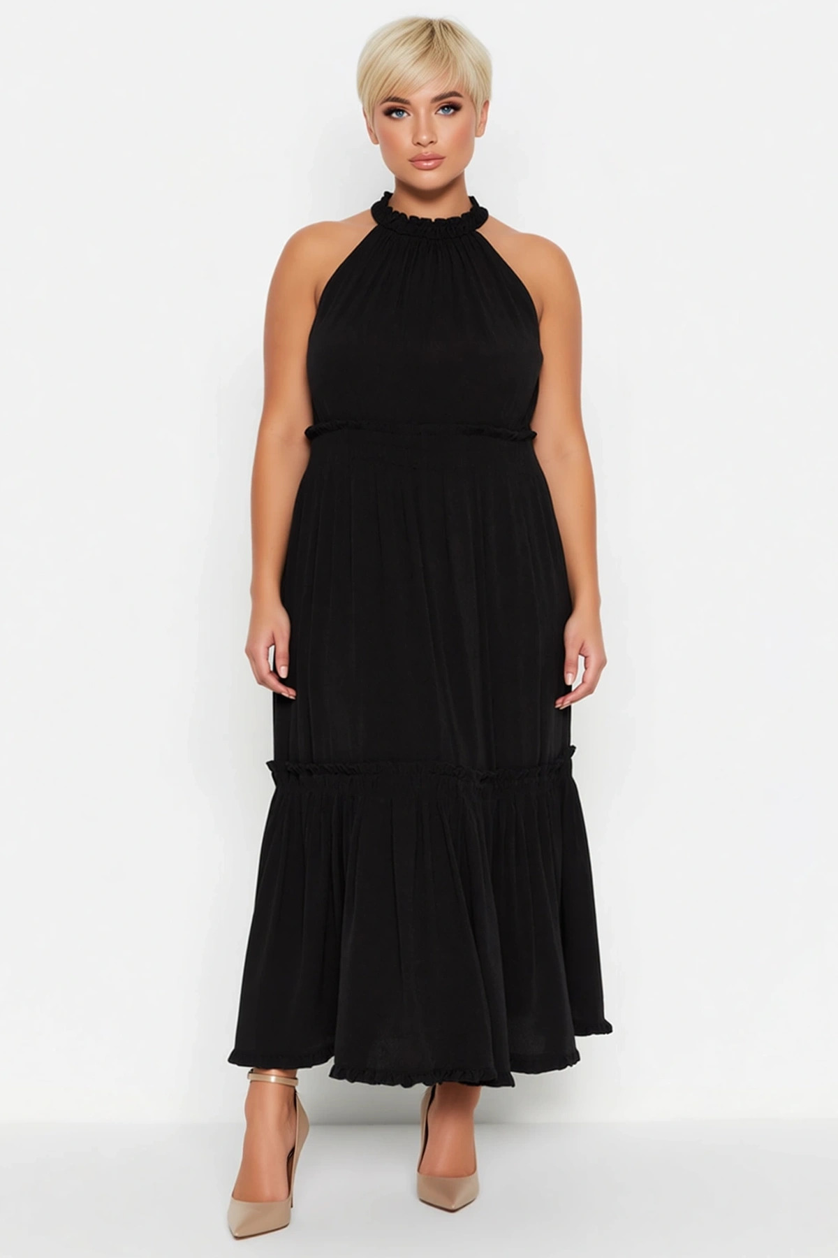 Alternative view of Kadın Midi Elbise Bisiklet Yaka Kolsuz A Kalıp Dokuma Fonksiyonel