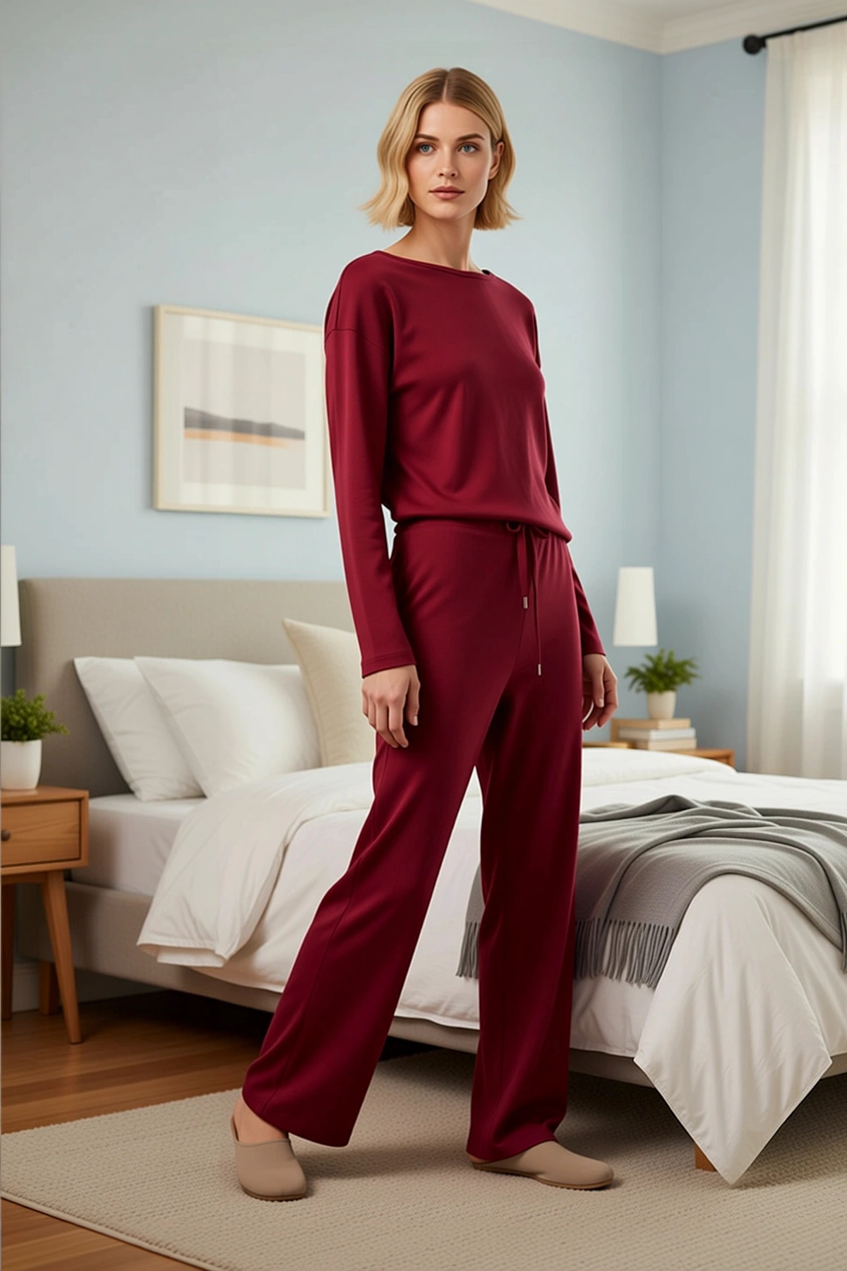 Kadın Bisiklet Yaka Düşük Kol Relaxed Kalıp Örme Pijama Takımı Fonksiyonel Dayanıklı Rahat
