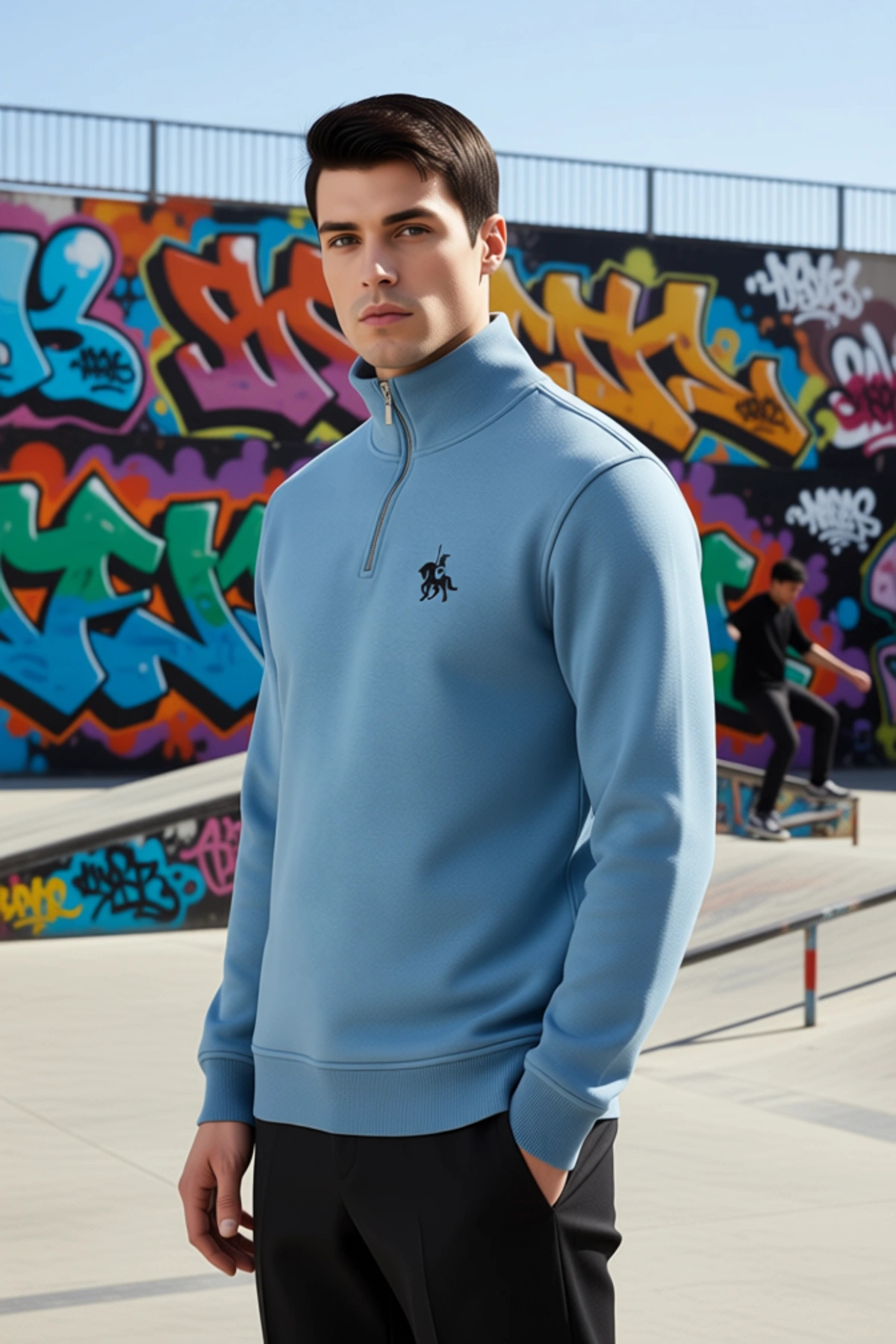 Erkek Dik Yaka Fermuarlı Standart Kol Regular Kalıp Sweatshirt Fonksiyonel Dayanıklı Rahat