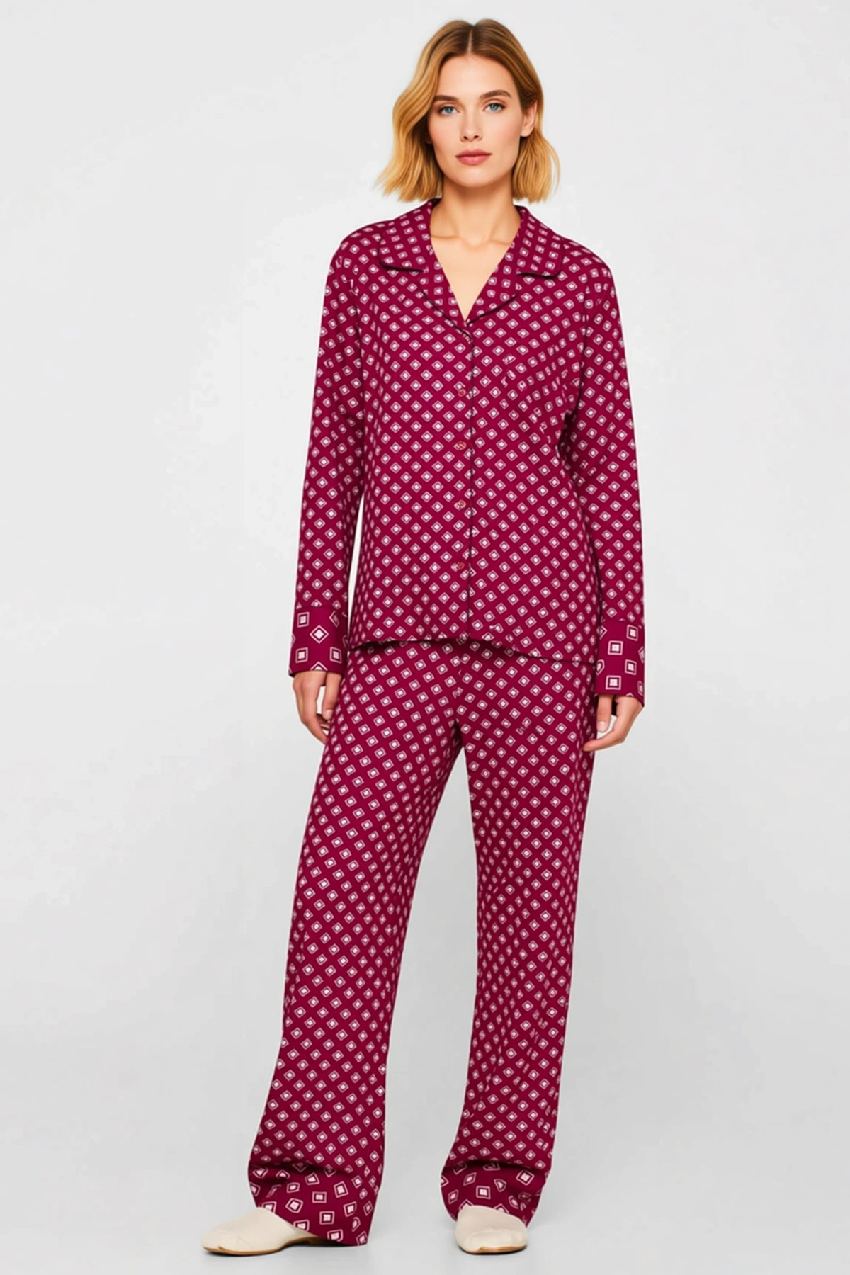 Kadın Etnik Desenli Gömlek Yaka Uzun Kollu Regular Kalıp Dokuma Pijama Takımı Şık