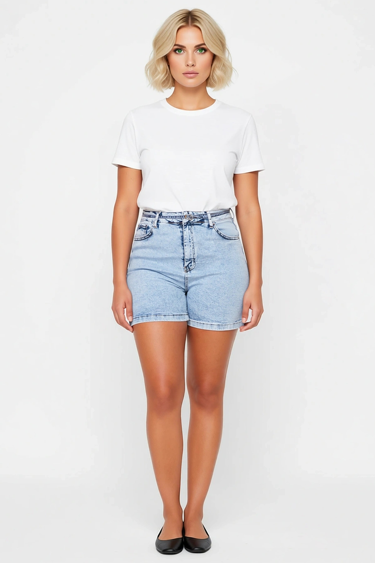 Kadın Büyük Beden Şort Yüksek Bel Straight Fit Orta Esnek Denim Düz Desen Boru Paça Regular Boy