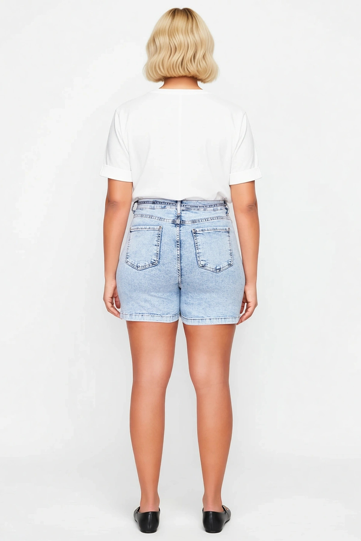 Kadın Büyük Beden Şort Yüksek Bel Straight Fit Orta Esnek Denim Düz Desen Boru Paça Regular Boy