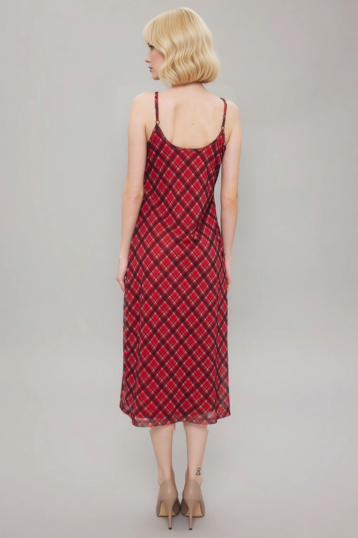 Kadın Kare Yaka Kolsuz Ekose Desenli Bodycon Kalıp Tül Maxi Elbise Fonksiyonel Dayanıklı Şık