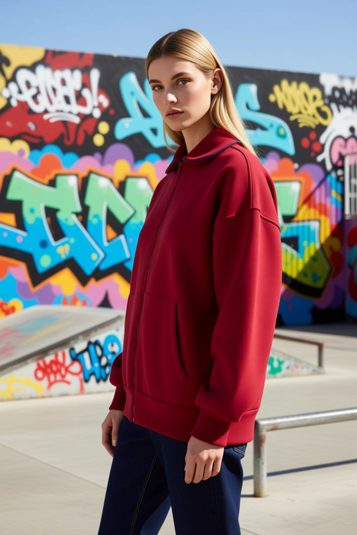 Kadın Polo Yaka Düşük Kol Geniş Kalıp Fermuarlı %100 Pamuk Sweatshirt Fonksiyonel Kaliteli
