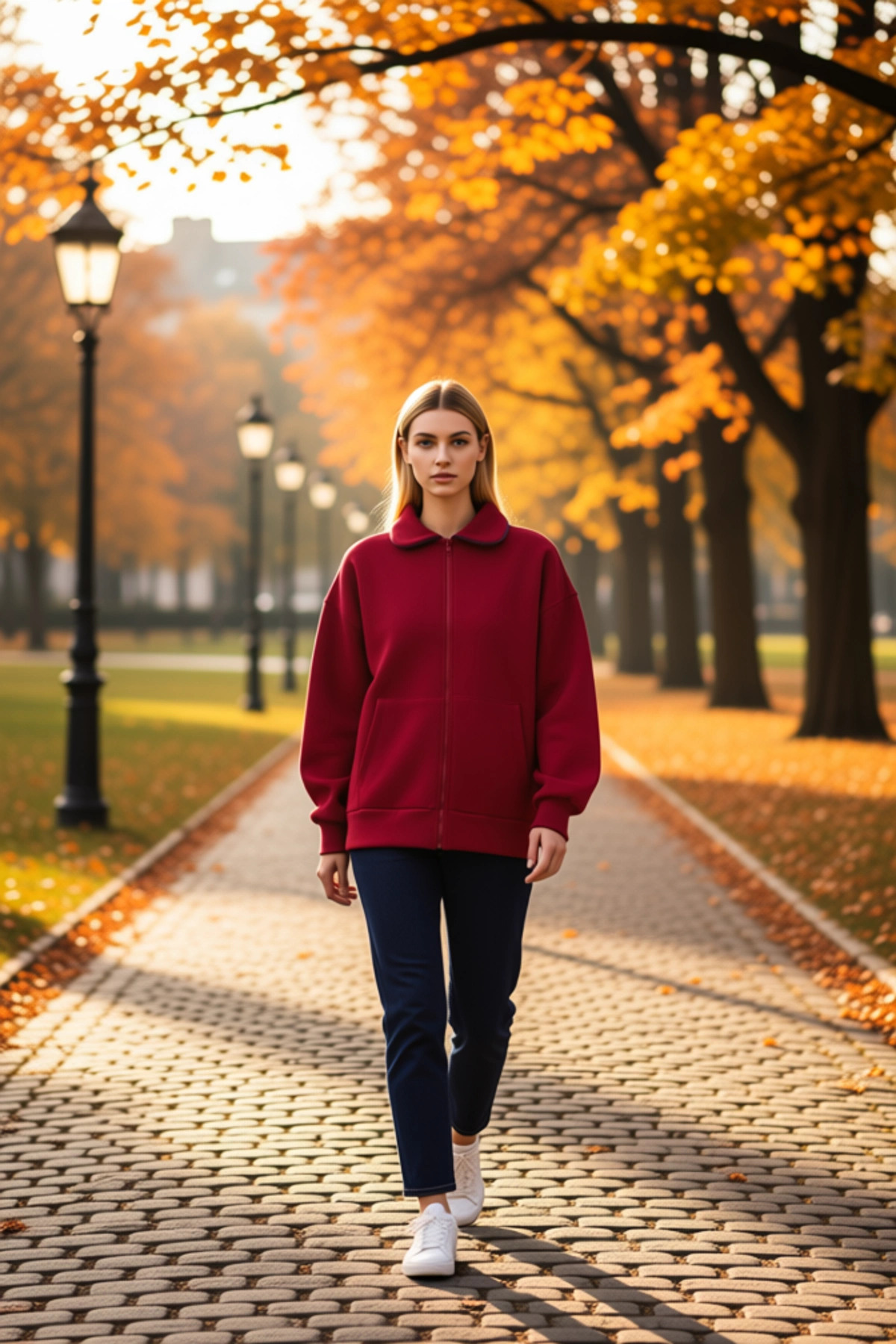 Kadın Polo Yaka Düşük Kol Geniş Kalıp Fermuarlı %100 Pamuk Sweatshirt Fonksiyonel Kaliteli