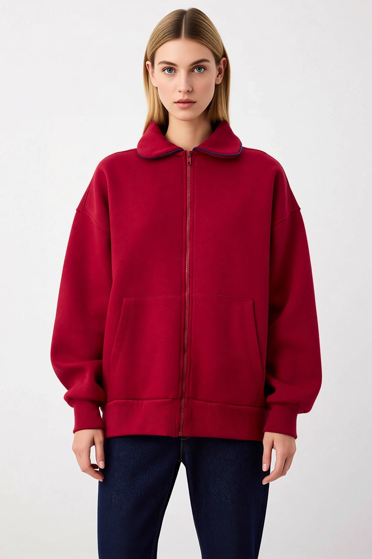 Kadın Polo Yaka Düşük Kol Geniş Kalıp Fermuarlı %100 Pamuk Sweatshirt Fonksiyonel Kaliteli