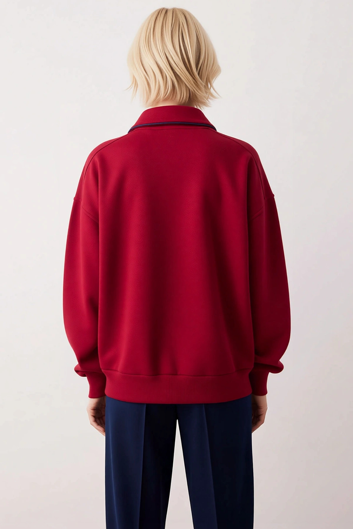 Kadın Polo Yaka Düşük Kol Geniş Kalıp Fermuarlı %100 Pamuk Sweatshirt Fonksiyonel Kaliteli
