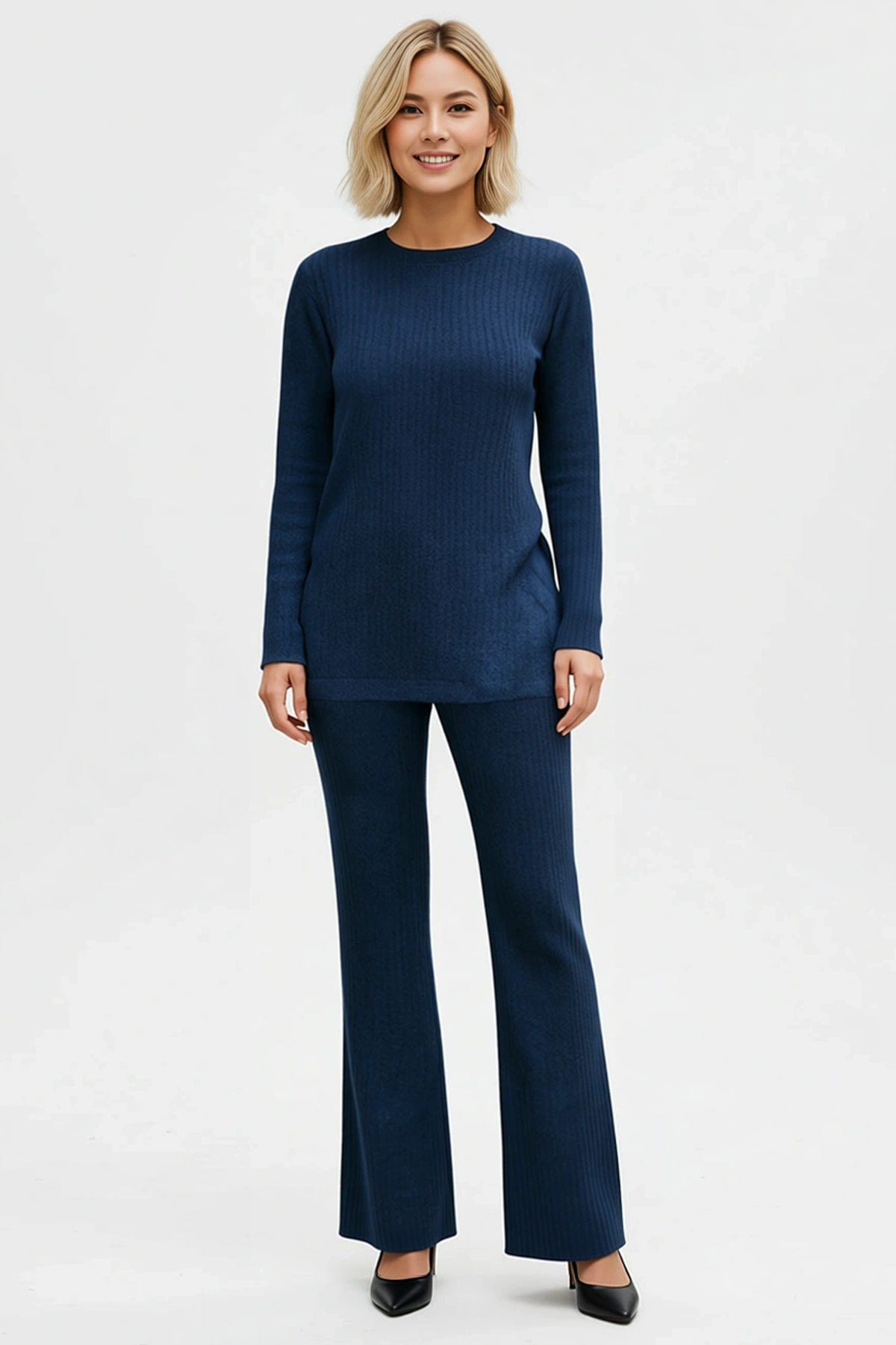 Kadın Büyük Beden Ribana Örme Uzun Kollu Rahat Kesim Wide Leg Pantolon Takım Konforlu Günlük Modern
