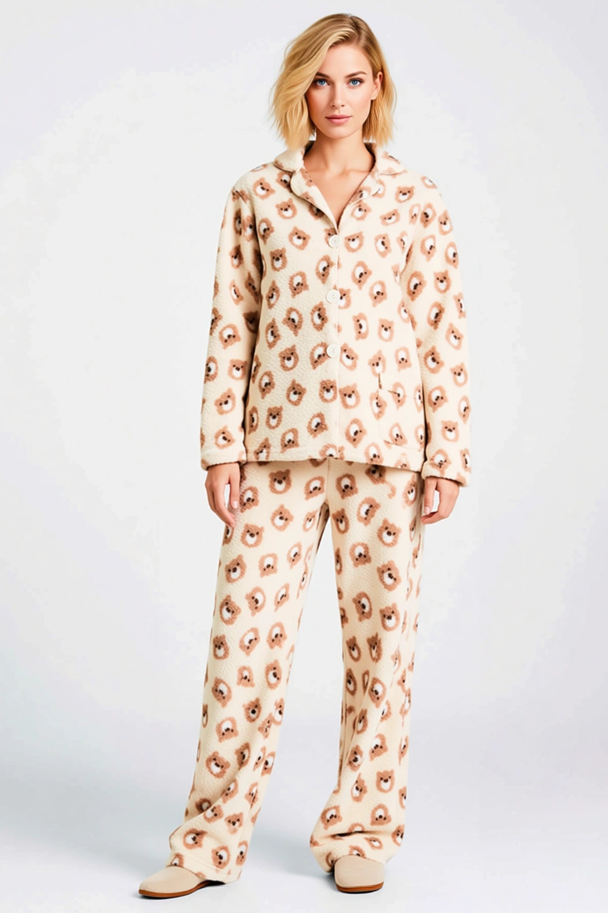 Kadın Gömlek Yaka Standart Kol Regular Kalıp Animal Desen Wellsoft Pijama Takımı