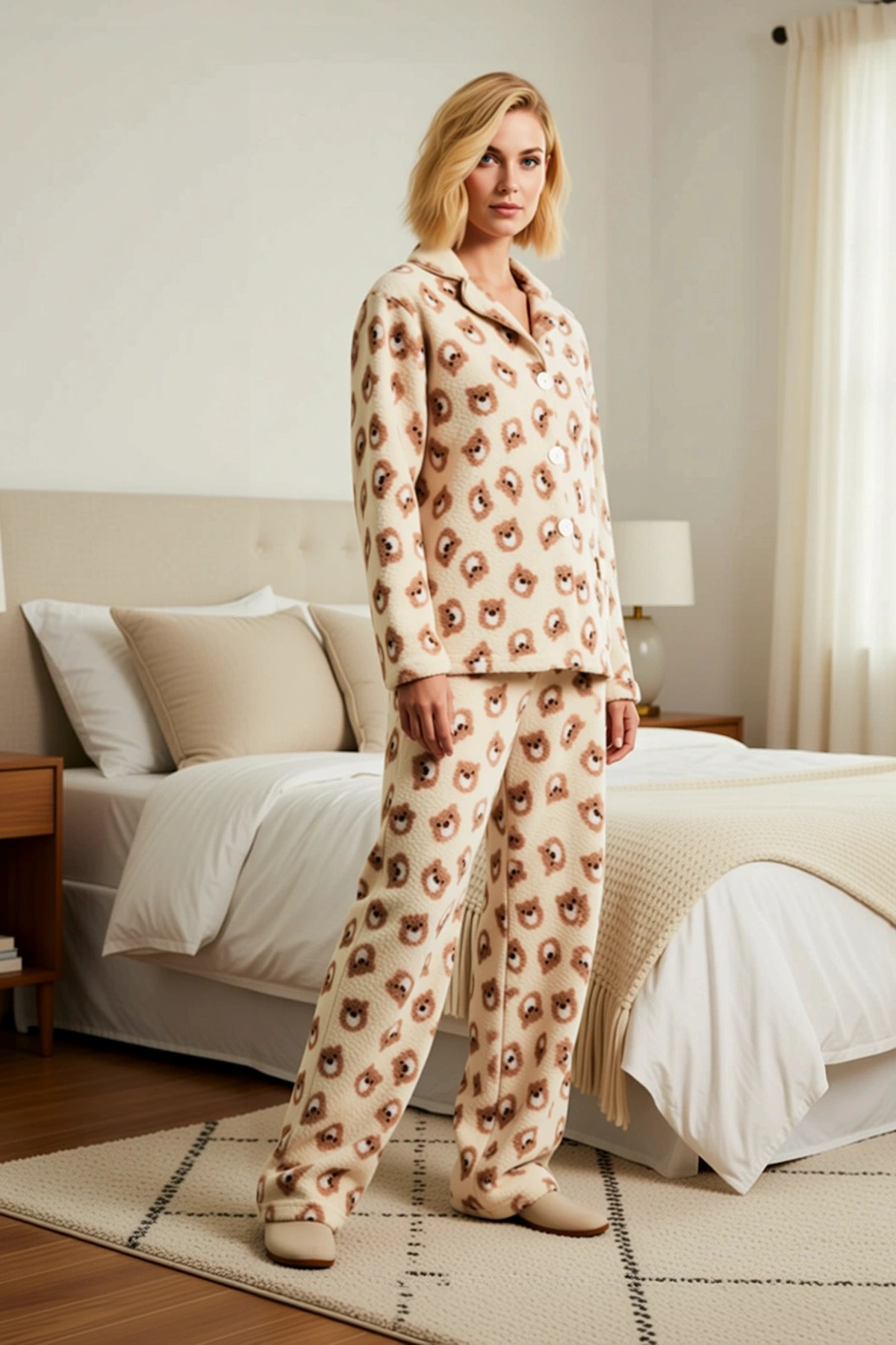 Kadın Gömlek Yaka Standart Kol Regular Kalıp Animal Desen Wellsoft Pijama Takımı