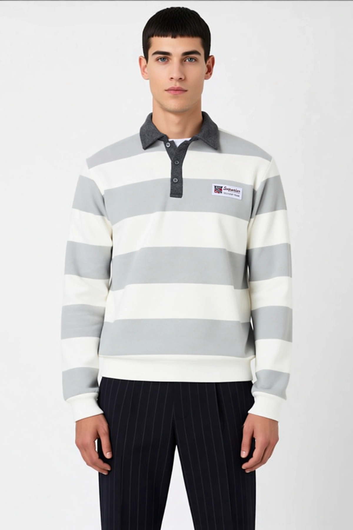 Erkek Polo Yaka Standart Kol Çizgili Sweatshirt Fonksiyonel Dayanıklı Kaliteli Konforlu Şık