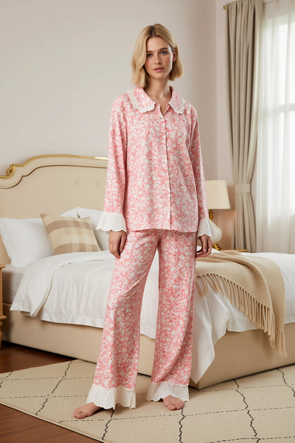 Kadın Gömlek Yaka Uzun Kol Shally Dokuma Pijama Takımı Fonksiyonel Dayanıklı Şık