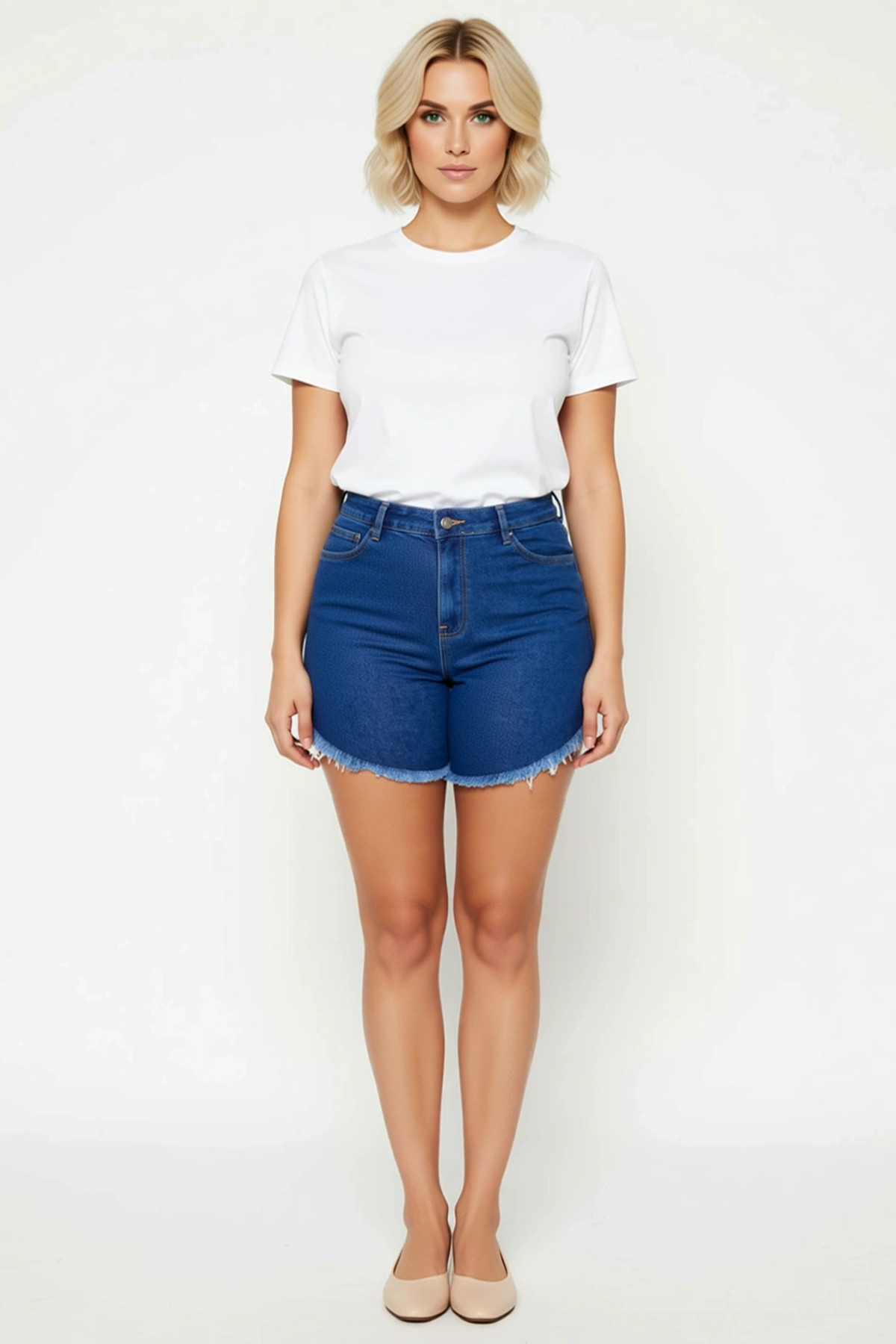 Kadın Büyük Beden Şort Denim Yüksek Bel Skinny Fit Esnek Püsküllü Paça Düz Desen Kısa Boy Şık