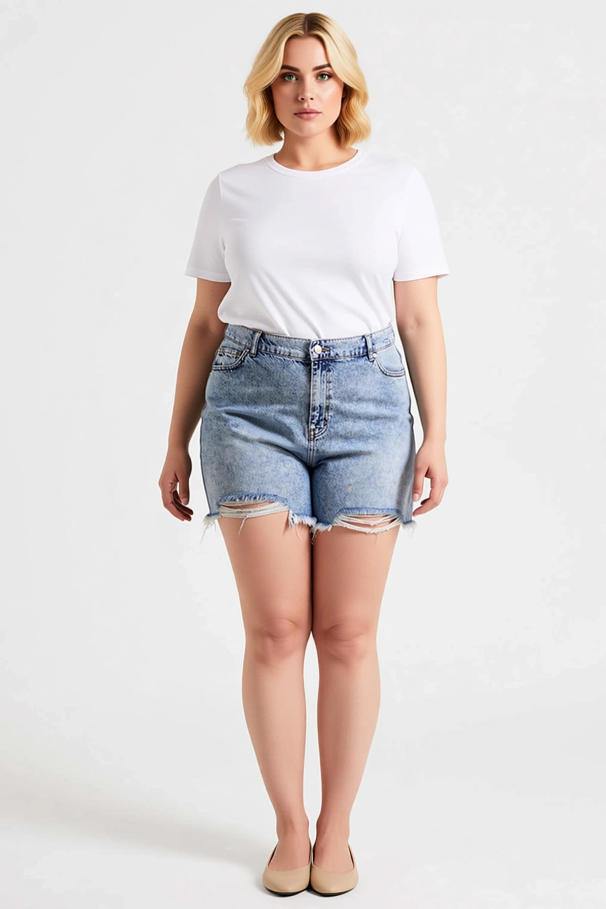 Kadın Büyük Beden Mini Şort Yüksek Bel Lastikli Yırtıklı Denim Non Stretch Düz Boru Paça