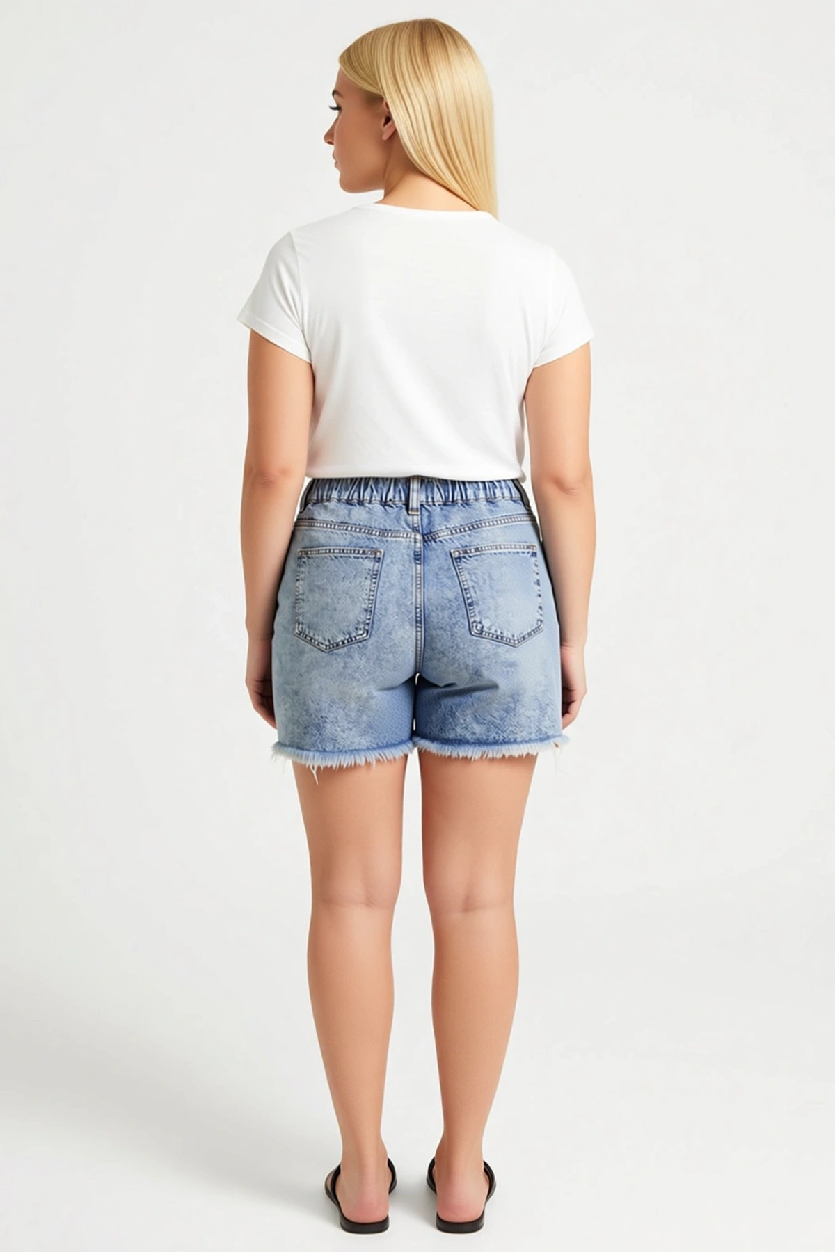 Kadın Büyük Beden Mini Şort Yüksek Bel Lastikli Yırtıklı Denim Non Stretch Düz Boru Paça