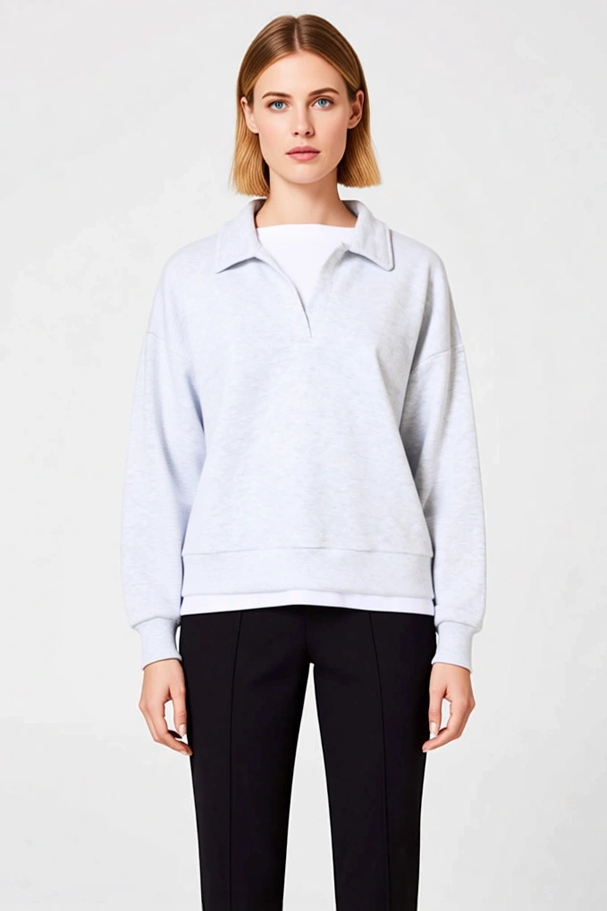 Kadın Polo Yaka Standart Kol Düğmeli Sweatshirt Fonksiyonel Dayanıklı Kaliteli Konforlu Şık
