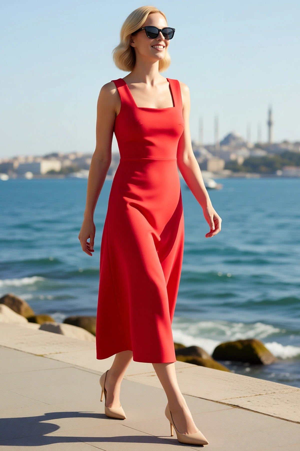 Kadın Kare Yaka Kolsuz A Kesim Midi Dokuma Abiye Elbise Astarlı Polyester Karışım Günlük Rahat Şık