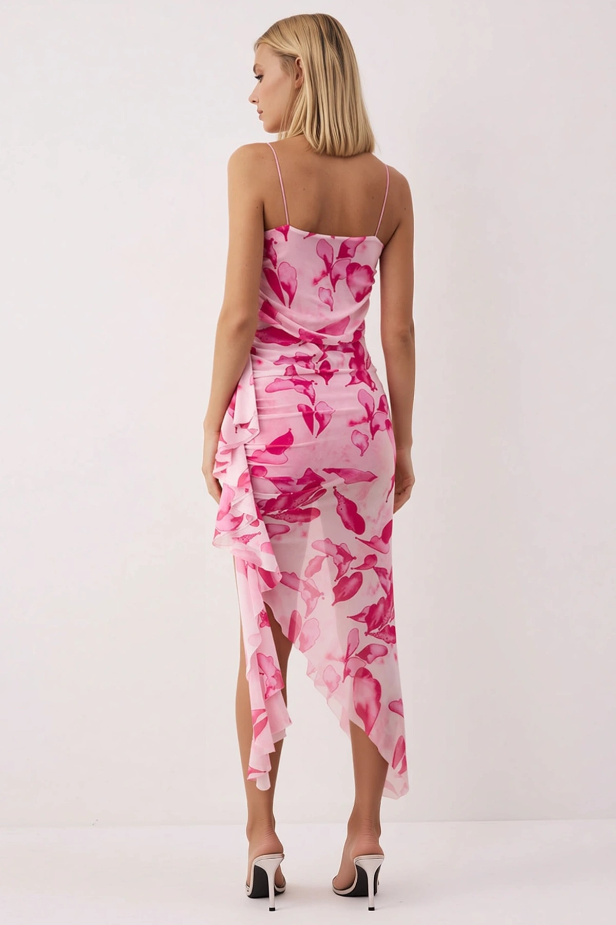 Kadın Askılı Straplez Yaka Kolsuz Bodycon Kalıp Çiçekli Tül Örme Midi Elbise Fonksiyonel Şık