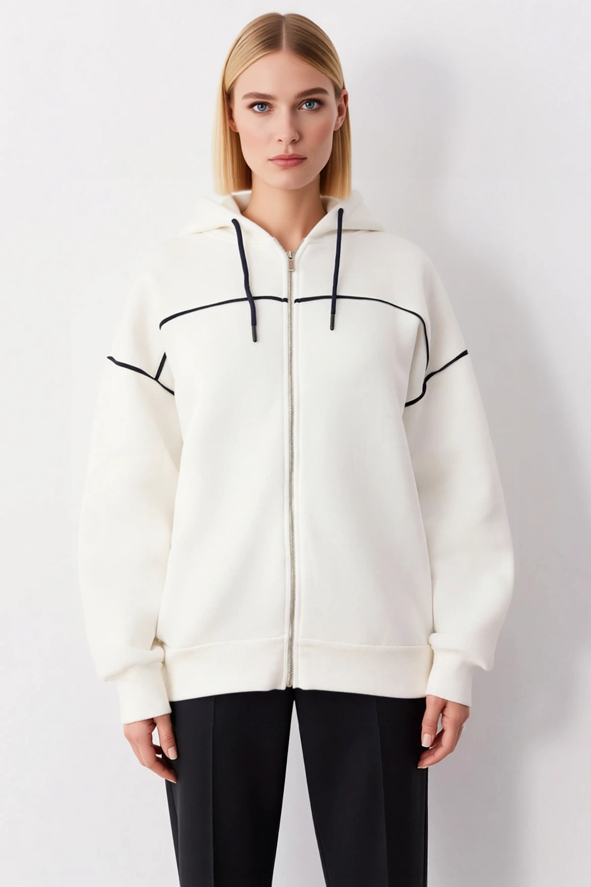Kadın Kapüşonlu Fermuarlı Düşük Kol Sweatshirt Fonksiyonel Dayanıklı Kaliteli Konforlu Şık