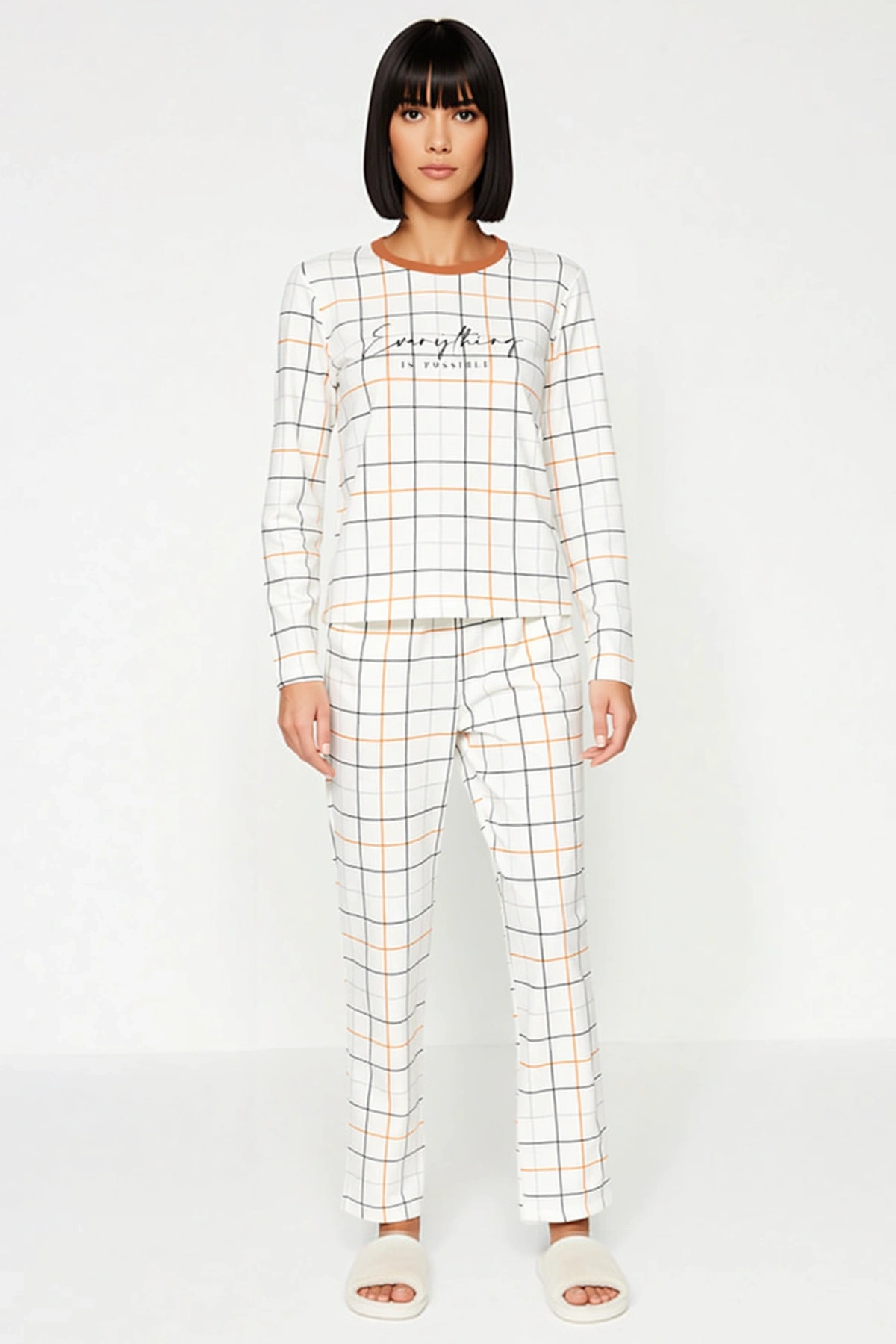Kadın Bisiklet Yaka Uzun Kol Ekose Desenli Regular Kalıp Pijama Takımı Modern