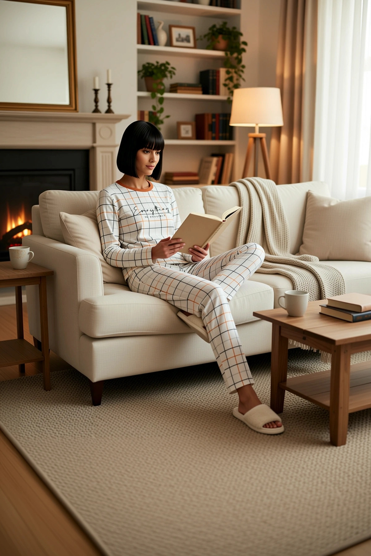 Kadın Bisiklet Yaka Uzun Kol Ekose Desenli Regular Kalıp Pijama Takımı Modern
