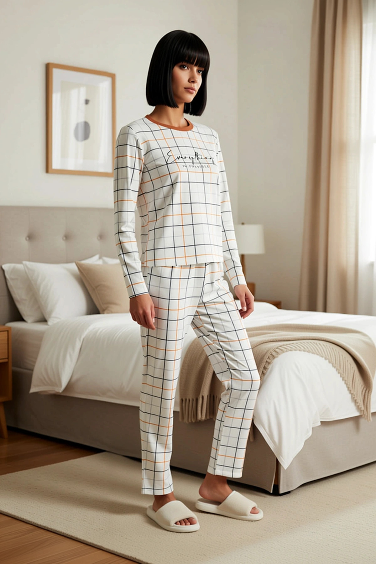 Kadın Bisiklet Yaka Uzun Kol Ekose Desenli Regular Kalıp Pijama Takımı Modern