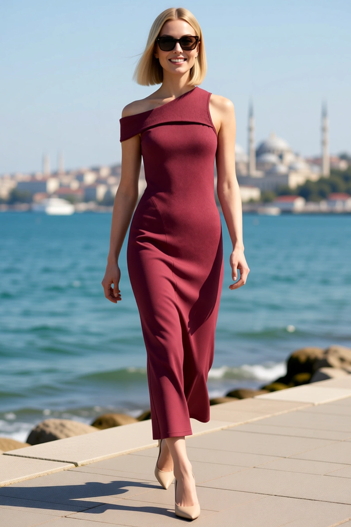 Kadın Asimetrik Yaka Kolsuz Maxi Elbise A Kesim Dokulu Örme Rahat Konforlu Günlük Modern Şık Zarif