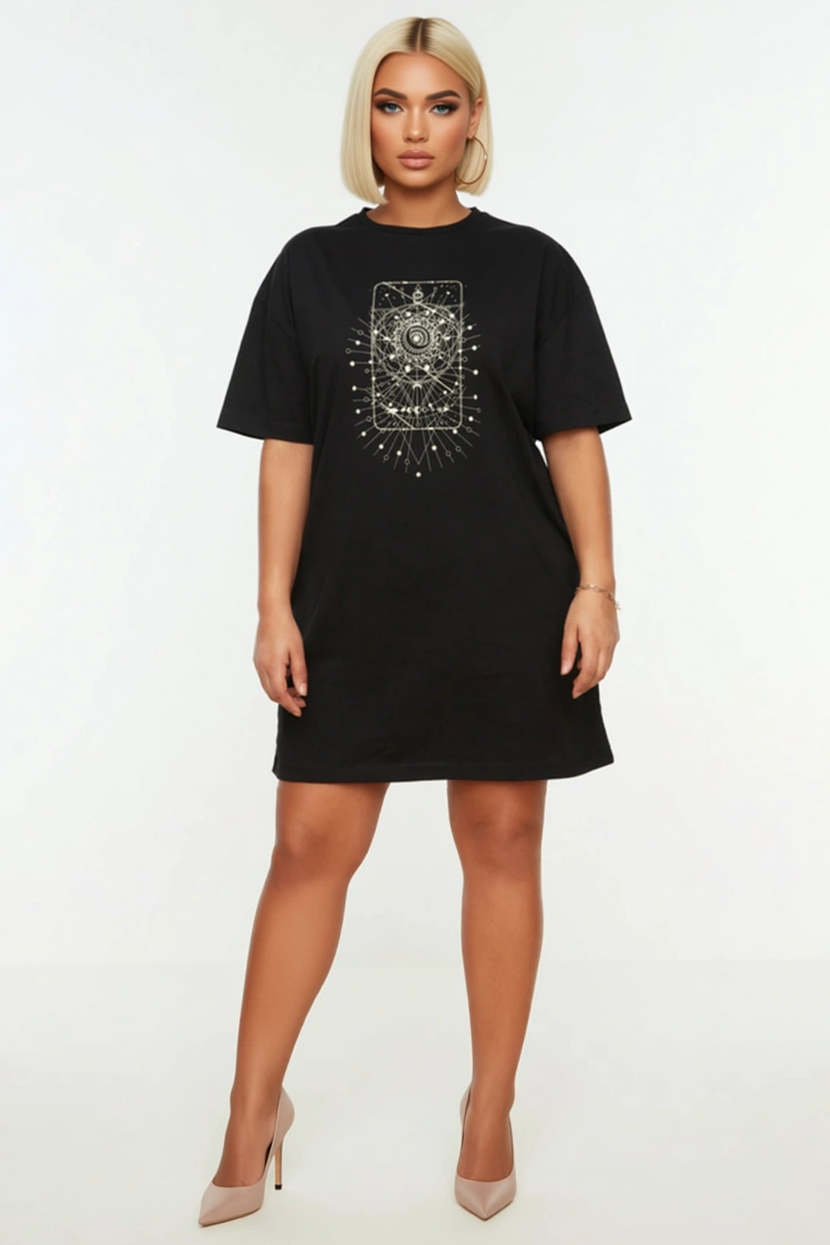 Kadın Büyük Beden Bisiklet Yaka Kısa Kol Geometrik Baskılı Örme T Shirt Elbise Şık %100 Pamuk