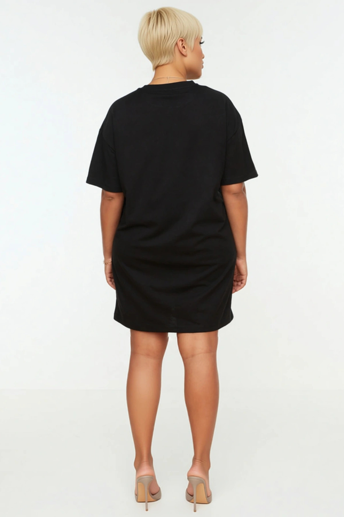 Kadın Büyük Beden Bisiklet Yaka Kısa Kol Geometrik Baskılı Örme T Shirt Elbise Şık %100 Pamuk