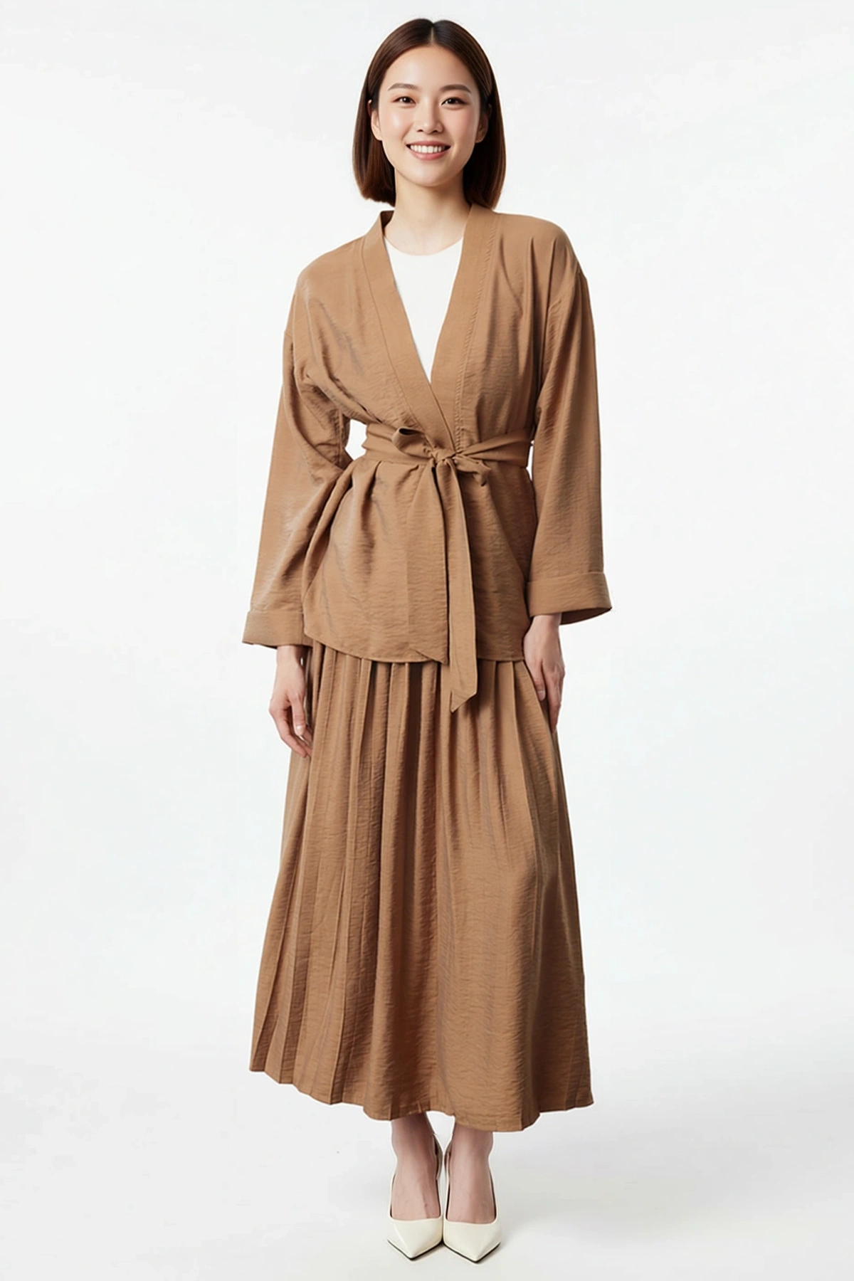 Kadın Büyük Beden Kuşaklı Kimono Tunik Piliseli Maxi Etek Dokuma Takım Uzun Kol Kruvaze Kesim Günlük