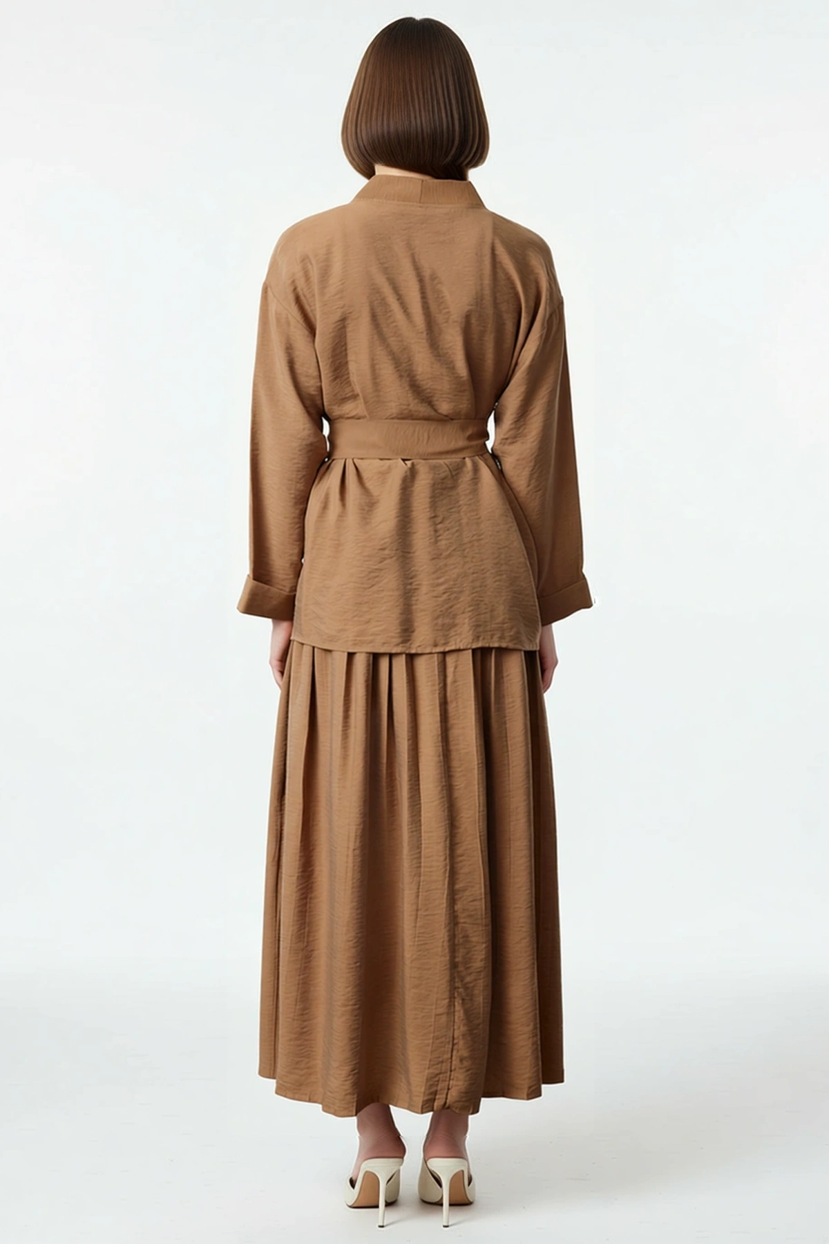 Kadın Büyük Beden Kuşaklı Kimono Tunik Piliseli Maxi Etek Dokuma Takım Uzun Kol Kruvaze Kesim Günlük