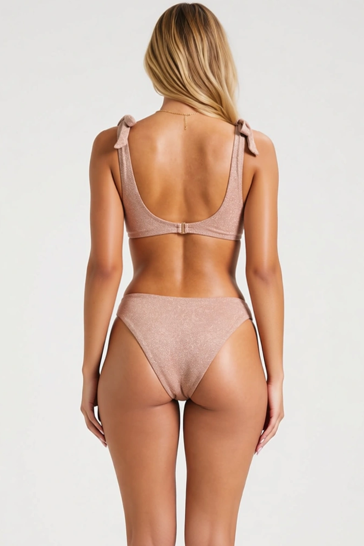 Kadın Bikini Takımı Simli Üçgen Kap Bağlama Detaylı Yüksek Bel Örme Kumaş Kapsız Slip Alt Şık