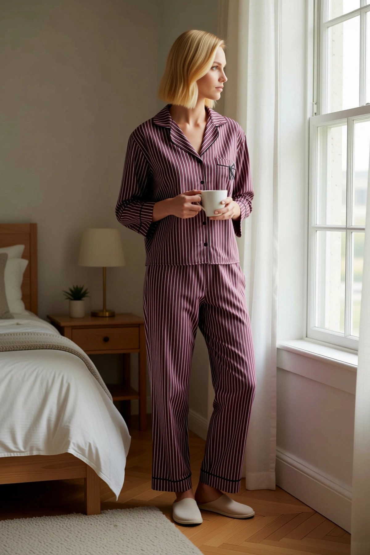 Alternative view of Kadın Gömlek Yaka Uzun Kol Regular Kalıp Poplin Dokuma Çizgili Pijama Takımı Fonksiyonel Şık