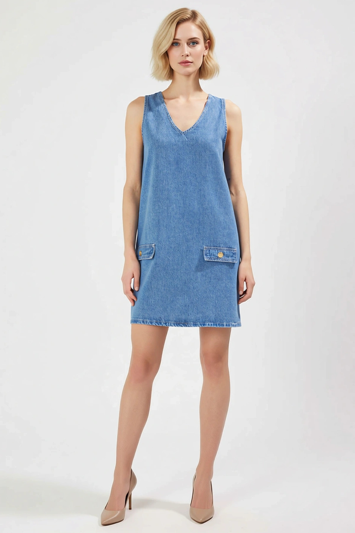 Kadın V Yaka Kolsuz Mini Denim Elbise A line Kalıp Cep Detaylı Fonksiyonel Spor %100 Pamuk