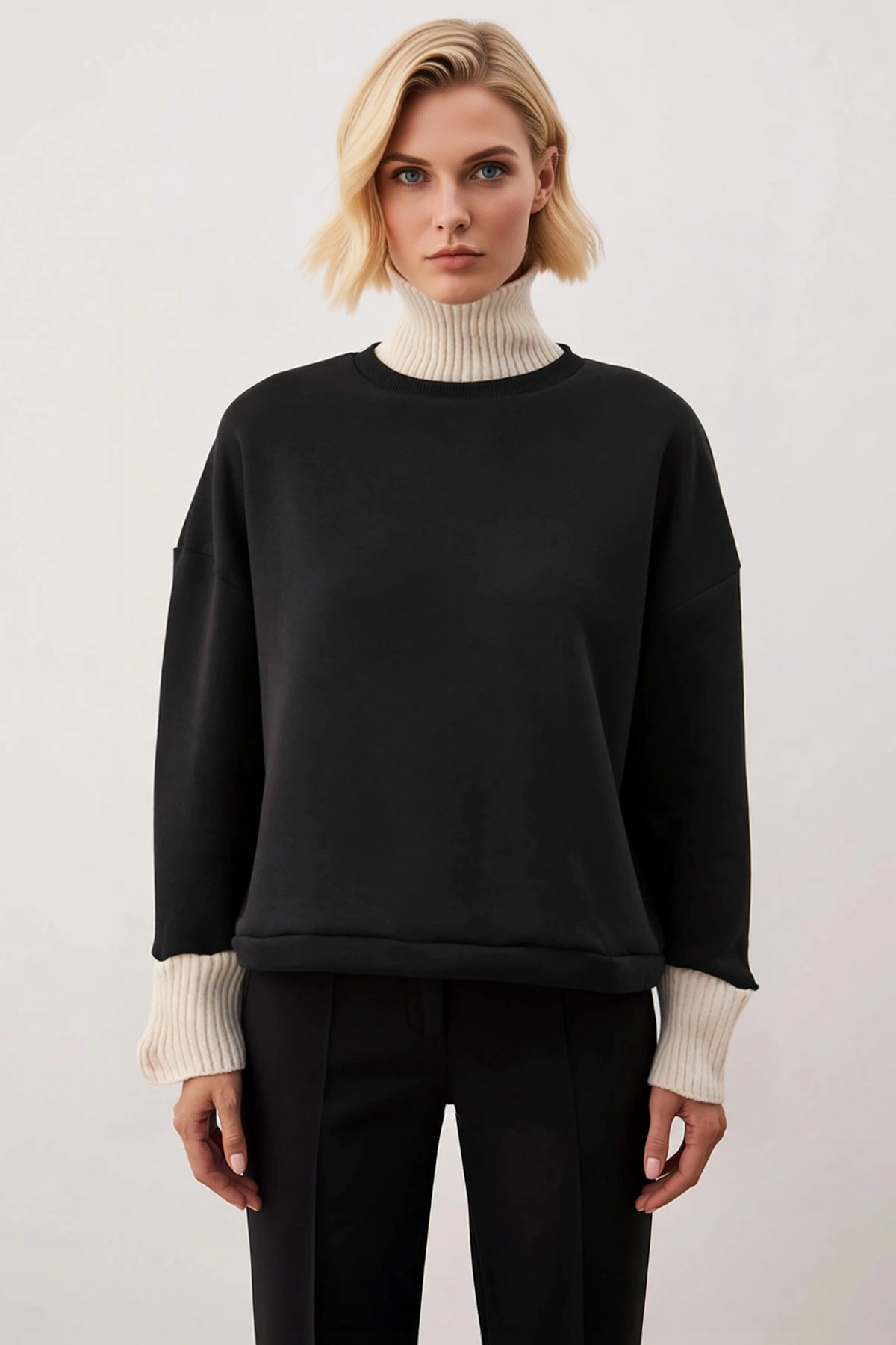 Kadın Dik Yaka Düşük Kol Uzun Kollu Örme Sweatshirt Fonksiyonel Dayanıklı Kaliteli Estetik