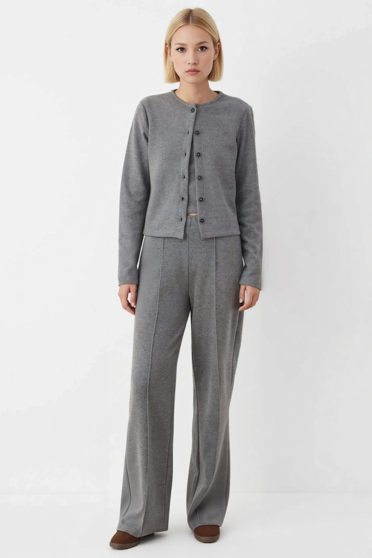 Kadın Büyük Beden Düğmeli Crop Cardigan Geniş Paça Pantolon Selanik Örme Takım XL Günlük Rahat Şık