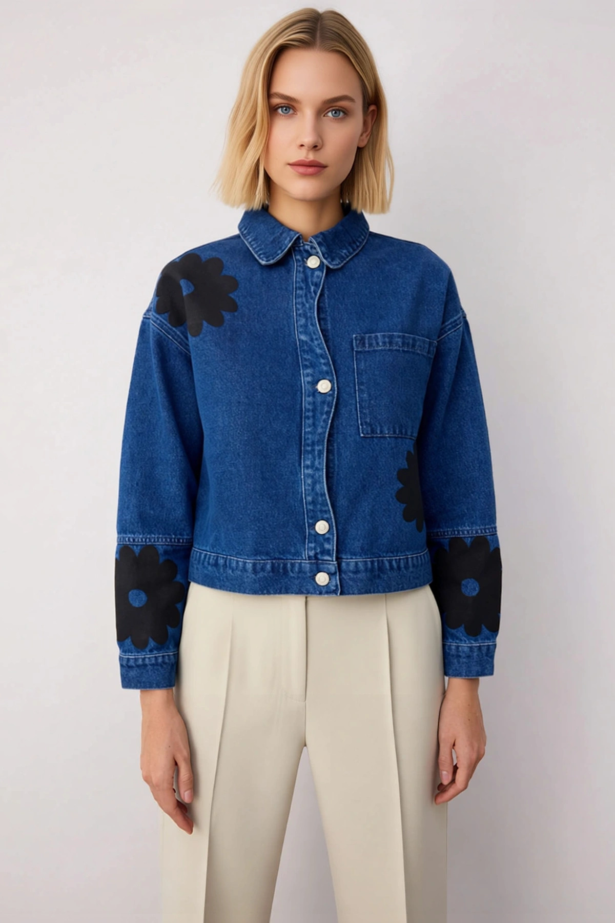 Kadın %100 Pamuk Gömlek Yaka Düşük Kol Oversize Denim Ceket Fonksiyonel Dayanıklı Kaliteli