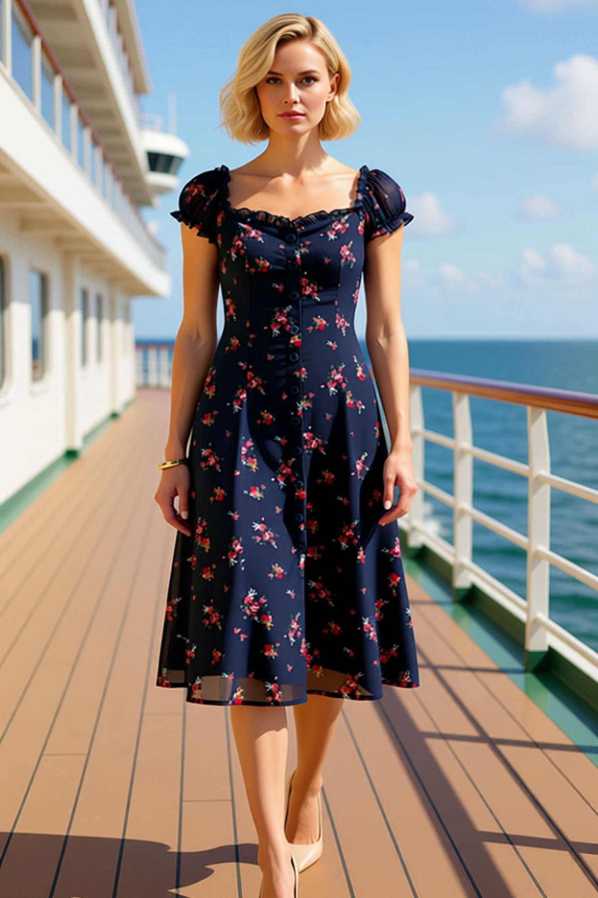 Alternative view of Kadın Midi Elbise Kalp Yaka Balon Kol A line Kalıp Çiçekli Dokuma Şifon Şık