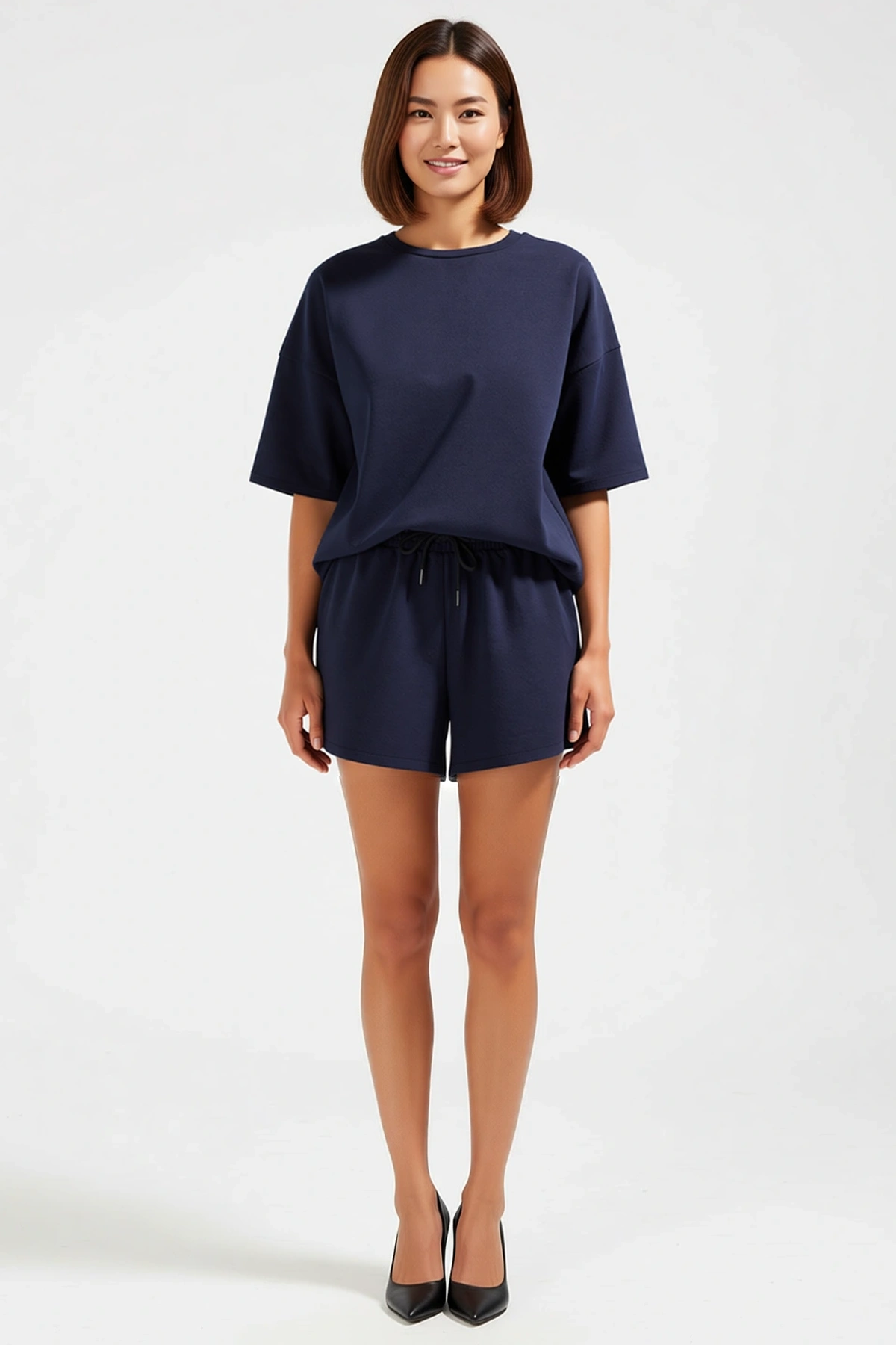 Kadın Büyük Beden Oversize T Shirt Şort Takım Bisiklet Yaka Kısa Kol Cepli Rahat Kesim Günlük Modern