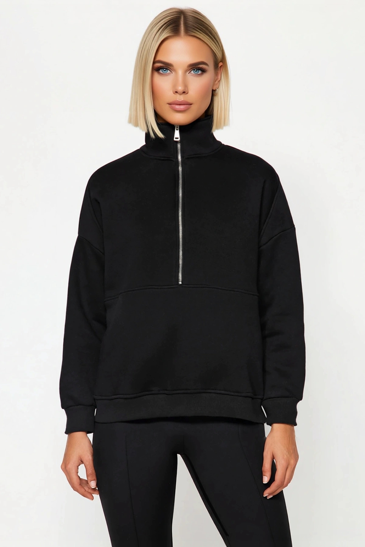Kadın Dik Yaka Düşük Kol Örme Sweatshirt Fonksiyonel Dayanıklı Kaliteli Konforlu Estetik Şık