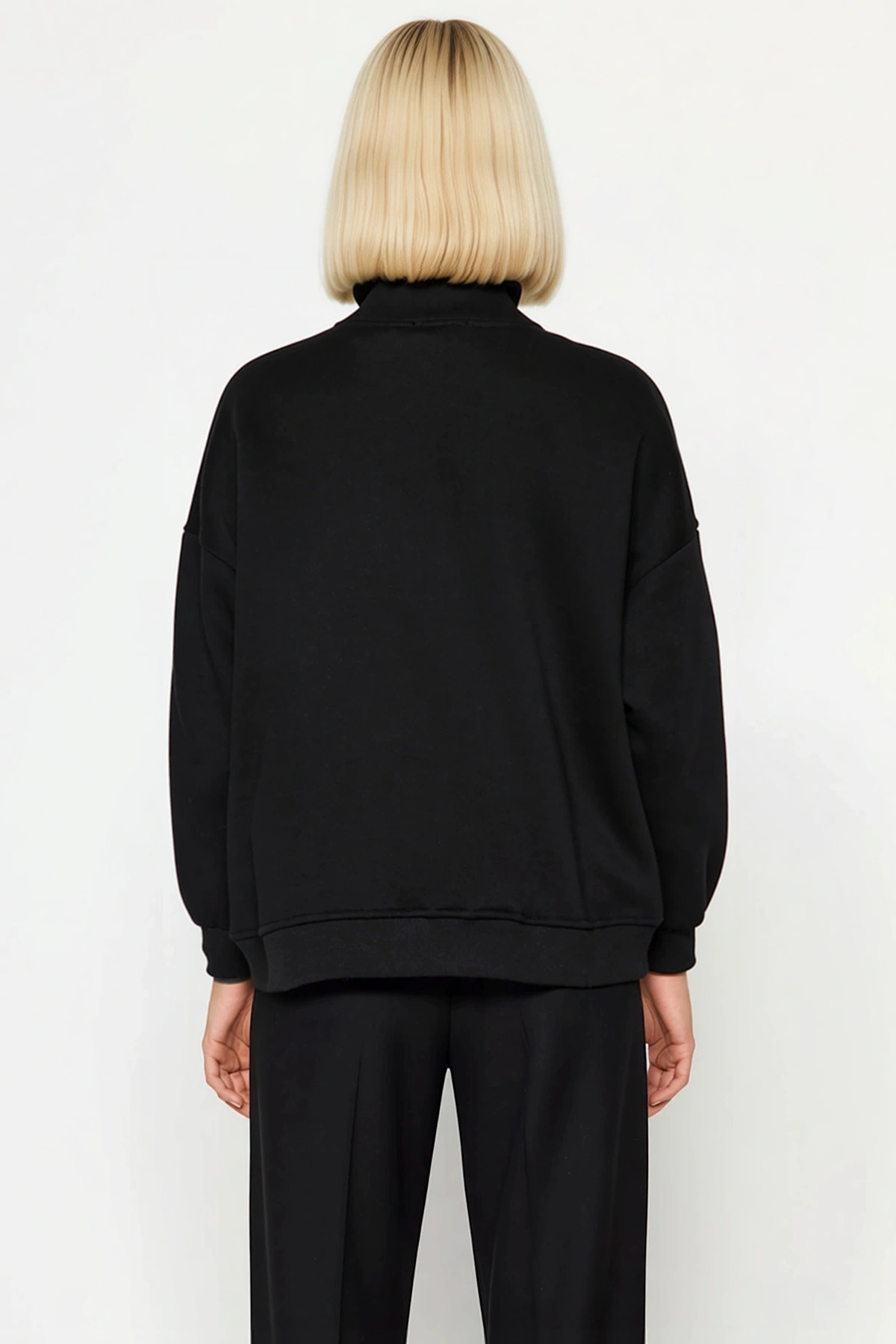 Kadın Dik Yaka Düşük Kol Örme Sweatshirt Fonksiyonel Dayanıklı Kaliteli Konforlu Estetik Şık