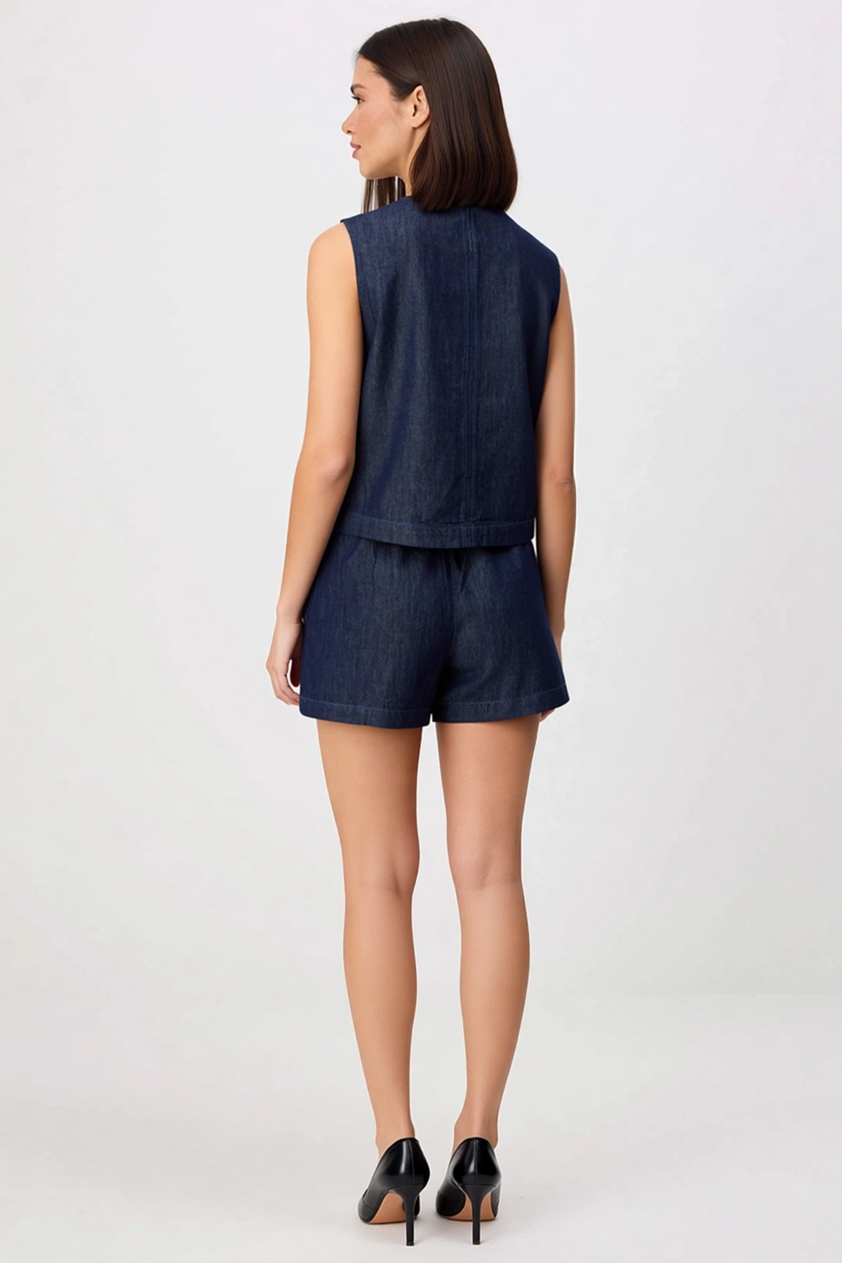 Kadın Büyük Beden Kolsuz Bisiklet Yaka Denim Şort Bluz Takımı %100 Pamuk Rahat Kesim Günlük Modern